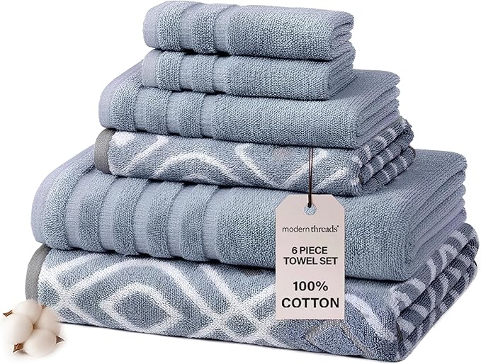 Modern Threads Oxford 6-Piece 100% Cotton Towel Set – Yarn Dyed Jacquard &