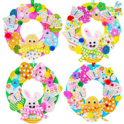 JOYIN 12 Sets Easter Wreath Signs Decorations, DIY Foam Craft Kit with Bunny, Chick & Egg Foam Stickers, Amusing Wiggle Eyes and Pom-Poms for Kids Easter Kids Activities, Party, Gift Decorations.