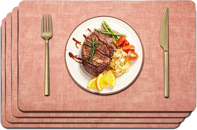 Maxpearl Faux Leather Placemats Set of 4 - Waterproof - Wipe Clean - Heat Resistant - Anti Slip Dining Table Place Mats, Suitable for Indoor & Outdoor Use, 17’’×12’’, Peachy Pink