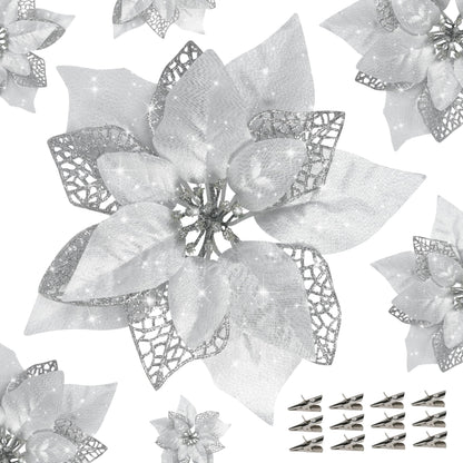 12 PCS Poinsettia Flower Artificial Poinsettia Christmas Decoration 8.7'' Silver Glitter Poinsettias Christmas Ornaments Christmas Tree Flower Decor with Clips DIY Xmas Wreath Holiday Home Party Decor