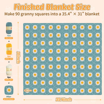 Fitsu Crochet Kit for Beginners, Daisy Granny Square Blanket Crochet Starter Kit with Yarn, Hooks, Step-by-Step Book & Video Tutorials, Easy Learn-to-Crochet Gift Set for Adults and Beginners