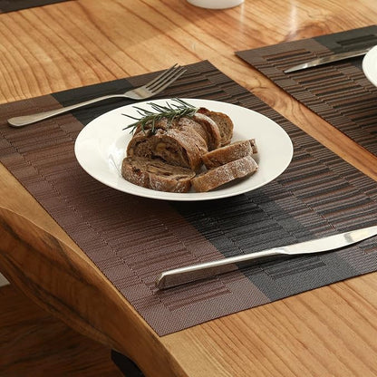 Leetaltree Brown with Black Striped Placemats Set of 12 - Heat Resistant Non-Slip Place mats for Dining Table, Washable Durable PVC Vinyl Woven Table Mats（Brown Stripe, 12）