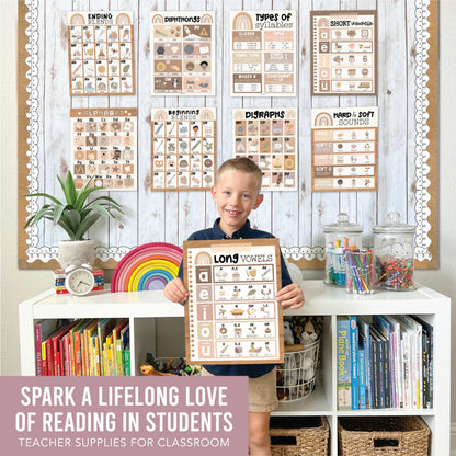 Hadley Designs Phonics Posters for Classroom Must Haves - 9 Sound Wall for Kindergarten & Elementary Teacher Supplies, Syllable, Vowels, Digraphs & Blends Bulletin Board Set, Boho Classrom Decor