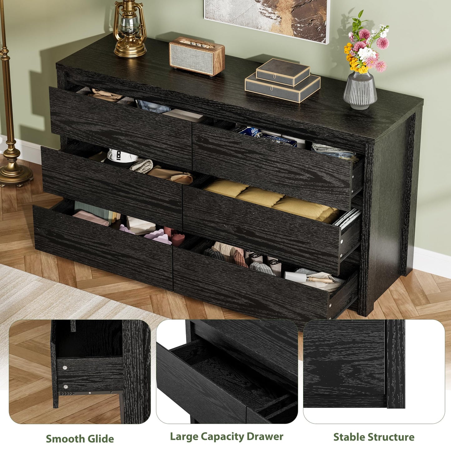 GarveeHome 6 Drawer Dresser for Bedroom, Wide Wood Chest of Drawers Handle Free, Large Modern Dresser Storage Cabinet for Living Room, Hallway Entryway