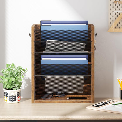 Creso hom Mail Organizer Wall Mounted, 6-Tier Wall File Organizer with 2 Hooks, Wooden Desk Organizer Magazine Holder with Bottom Flat Tray, for Office Home, Rustic Brown