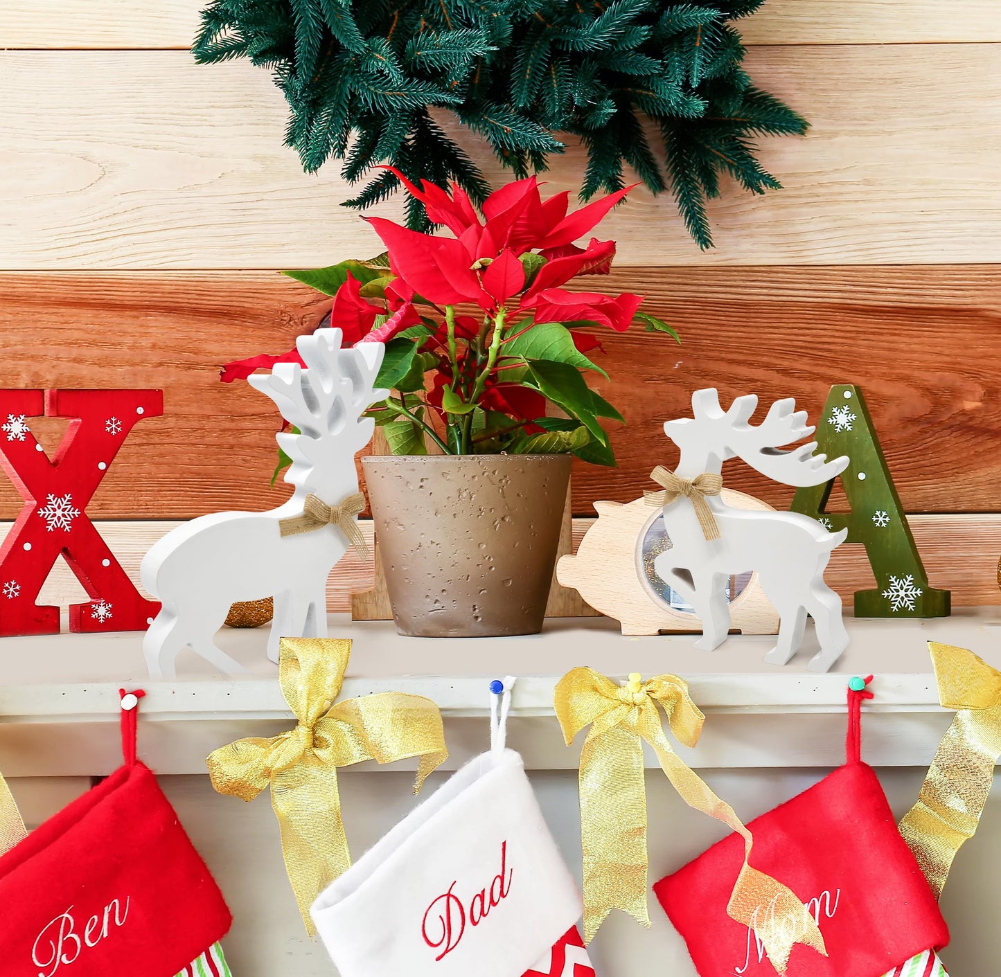 Gift Boutique - Set of 2 Wooden Christmas Reindeer Table Decorations Centerpiece Holiday Rustic White Wood Reindeers Figurine Tiered Tray Tabletop Sign Decor for Office, Room, Home Xmas Party Supplies