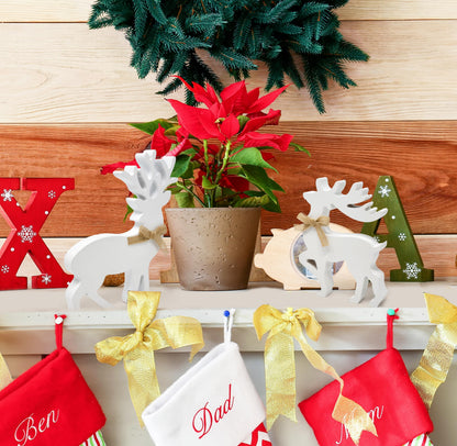 Gift Boutique - Set of 2 Wooden Christmas Reindeer Table Decorations Centerpiece Holiday Rustic White Wood Reindeers Figurine Tiered Tray Tabletop Sign Decor for Office, Room, Home Xmas Party Supplies