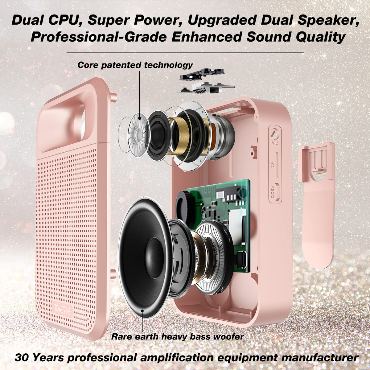 Voice Amplifier, Towevine Rechargeable Microphone for Teachers, Portable Speaker with Headset and Waistband for Classroom, Singing, Coach, Training, Presentation, Tour Guide (Pink)
