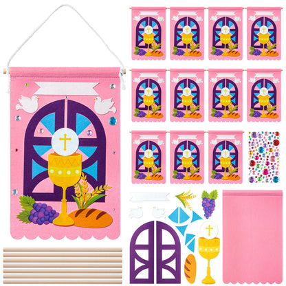 WATINC First Communion Banner Kit - 12 Set Holy 1st Communion Felt Banner Kit Baptism Christian Cross DIY Craft Decorations, Make Your Own Sunday School Church Hanging Crafts Supplies for Girls (Pink)