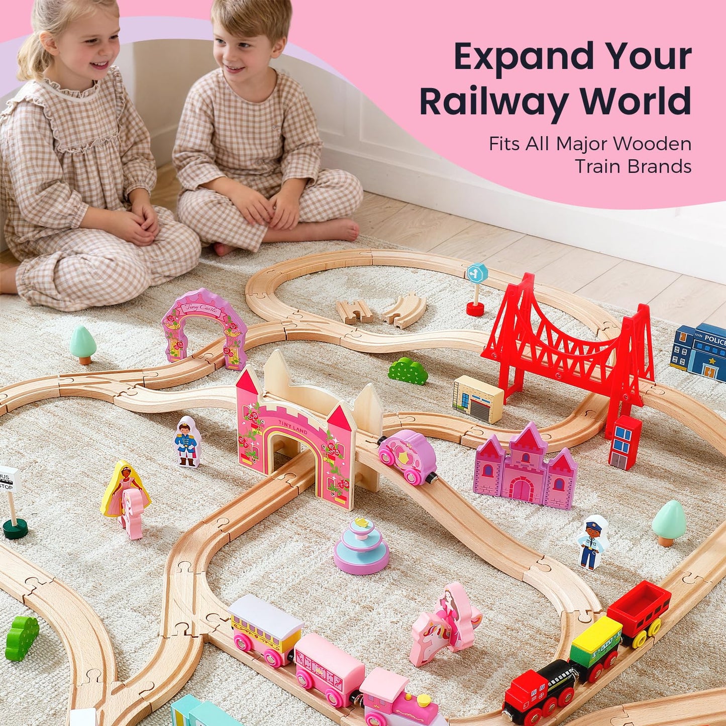 Tiny Land Wooden Train Set for Girls, 38PCS Unicorn Princess Train Set with Castle Bridge & Royal Accessories, Pink Fantasy Train Track Set, Gift for Toddlers Girl Toys Ages 3+
