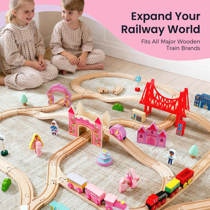 Tiny Land Wooden Train Set for Girls, 38PCS Unicorn Princess Train Set with Castle Bridge & Royal Accessories, Pink Fantasy Train Track Set, Gift for Toddlers Girl Toys Ages 3+