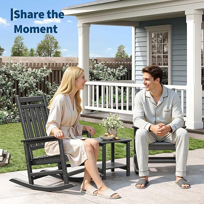 Poly Lumber Rocking Chair Outdoor Set of 2 with Side Table - HDPE High Back Porch Rocker Chairs for Adults - All Weather Resistant Furniture for Patio - Black