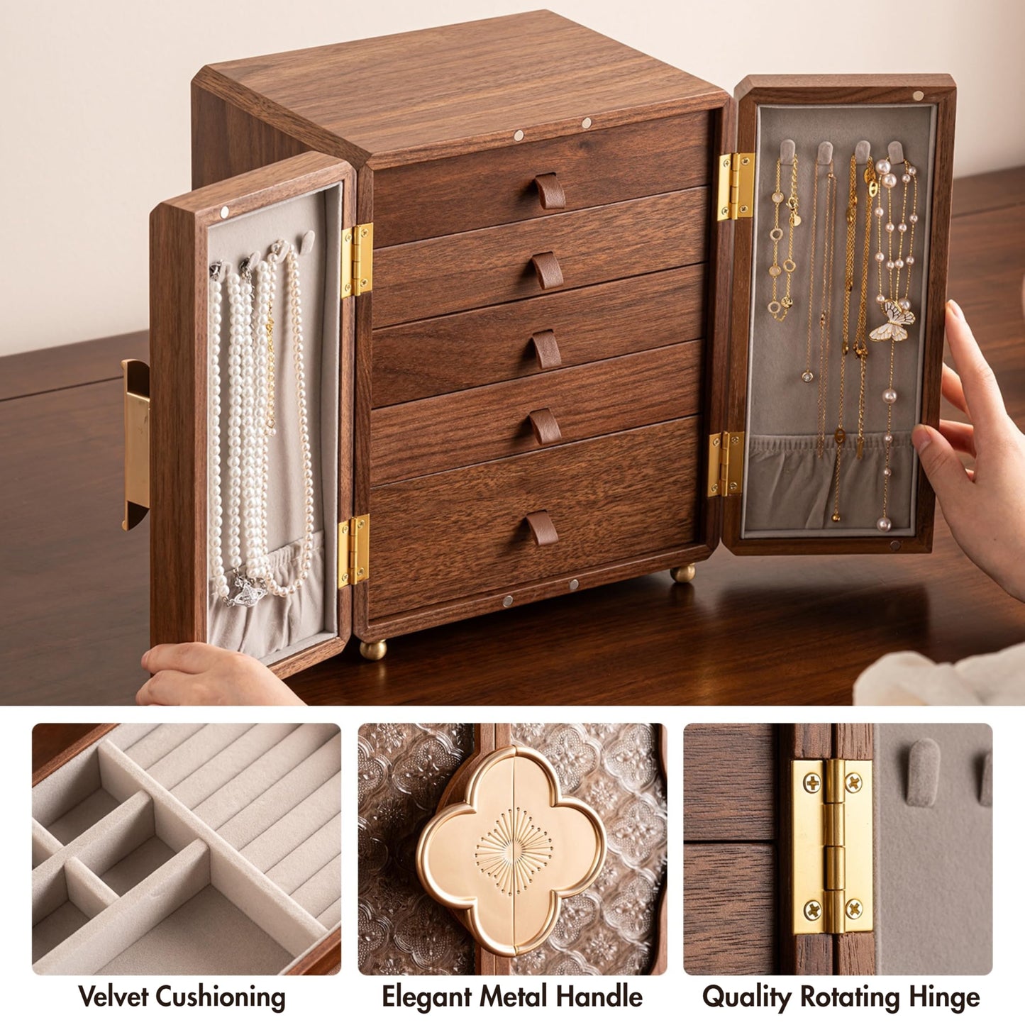 ZMARKRAFT® Black Walnut Wooden Jewelry Box, Decorative Multi-Layer Solid Wood Jewelry Case, Organizer for Rings, Necklaces, Earrings, Treasure Box Storage, Practical and Thoughtful Gift for Women