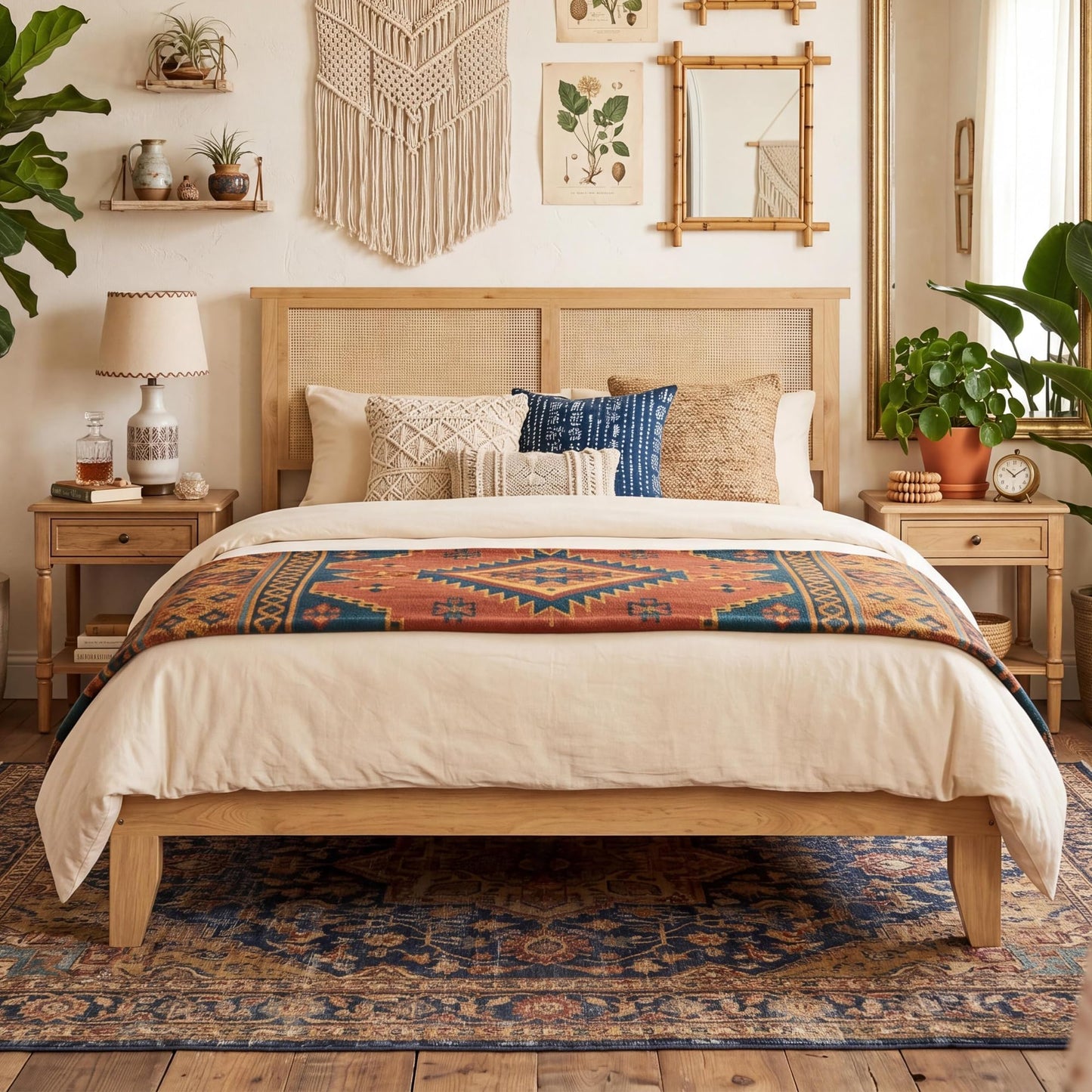 GAOMON Queen Size Rattan Wood Bed Frame, Rattan Bed with LED Light & Natural Headboard, Boho, Storage Space Underneath, Sturdy Wooden Slats Support, No Box Spring Needed