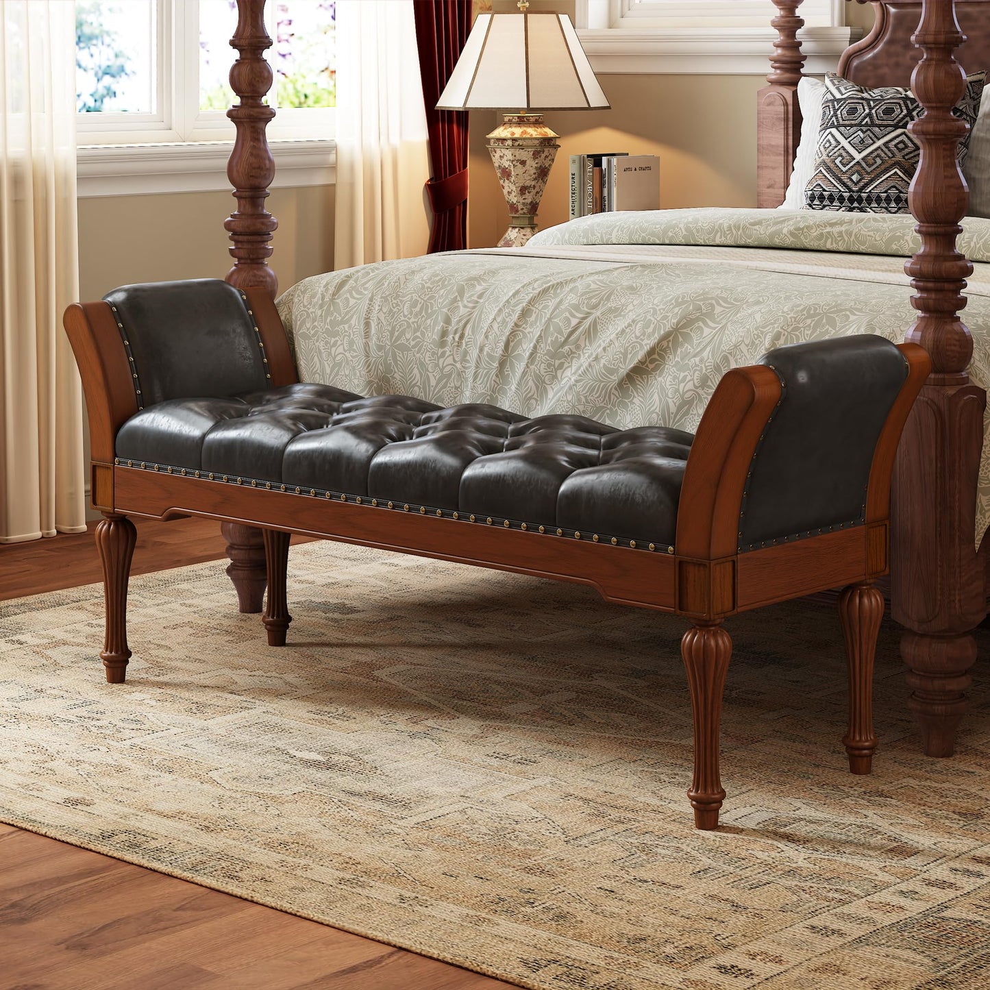 Christopher Knight Home Ionia 54'' Button-Tufted PU Leather Upholstered End of Bed Ottoman with Nailhead Trim, Wooden Living Room Ottoman Bench, Long Entryway Bench with Curved Armrest, Dark Brown