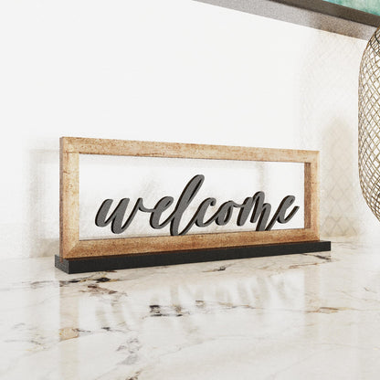 AquaChase Wooden Framed Welcome Table Sign, 13"x5" Rustic Freestanding Entryway Decor, Floating 3D Cutout Letters, Farmhouse Home Ornament for Shelves, Mantle or Windowsill
