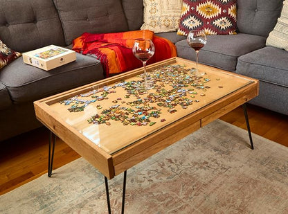 Rustic Puzzle Coffee Table with Removable Glass top - Includes 2 Hidden Drawers - 24x36. 100% Made in the USA