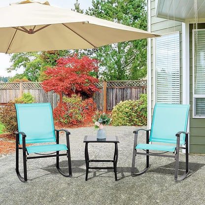 Vongrasig 3 Piece Outdoor Rocking Bistro Set, Textilene Fabric Small Patio Furniture Set, Front Porch Rocker Chairs Conversation Set with Glass Table for Lawn, Garden, Balcony, Poolside (Blue)
