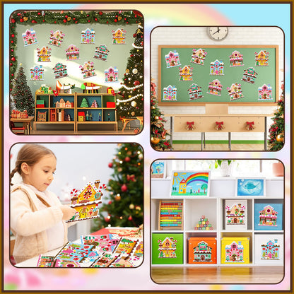 Aginc Berry 12Pcs Christmas Gingerbread Candy House Scene Sticker Art Craft, Make Your Own Christmas Candy House Sticker Scene with Xmas Tree Snowman Stickers for Kids, Xmas Holiday Party Favors
