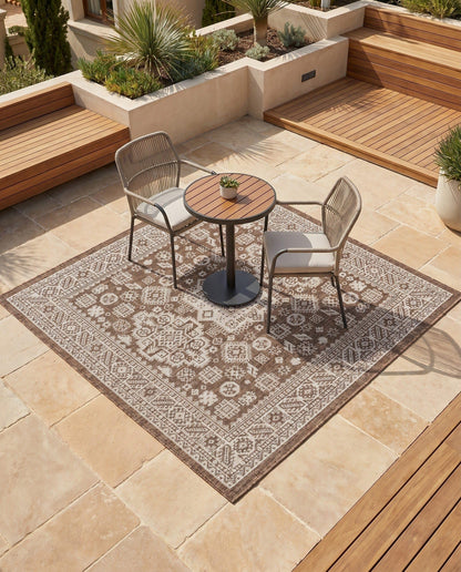 Rugs.com - Outdoor Aztec Rug – 5 Ft Square Brown Indoor/Outdoor Rug – Durable, Easy-Clean, Perfect for Patios and Porches