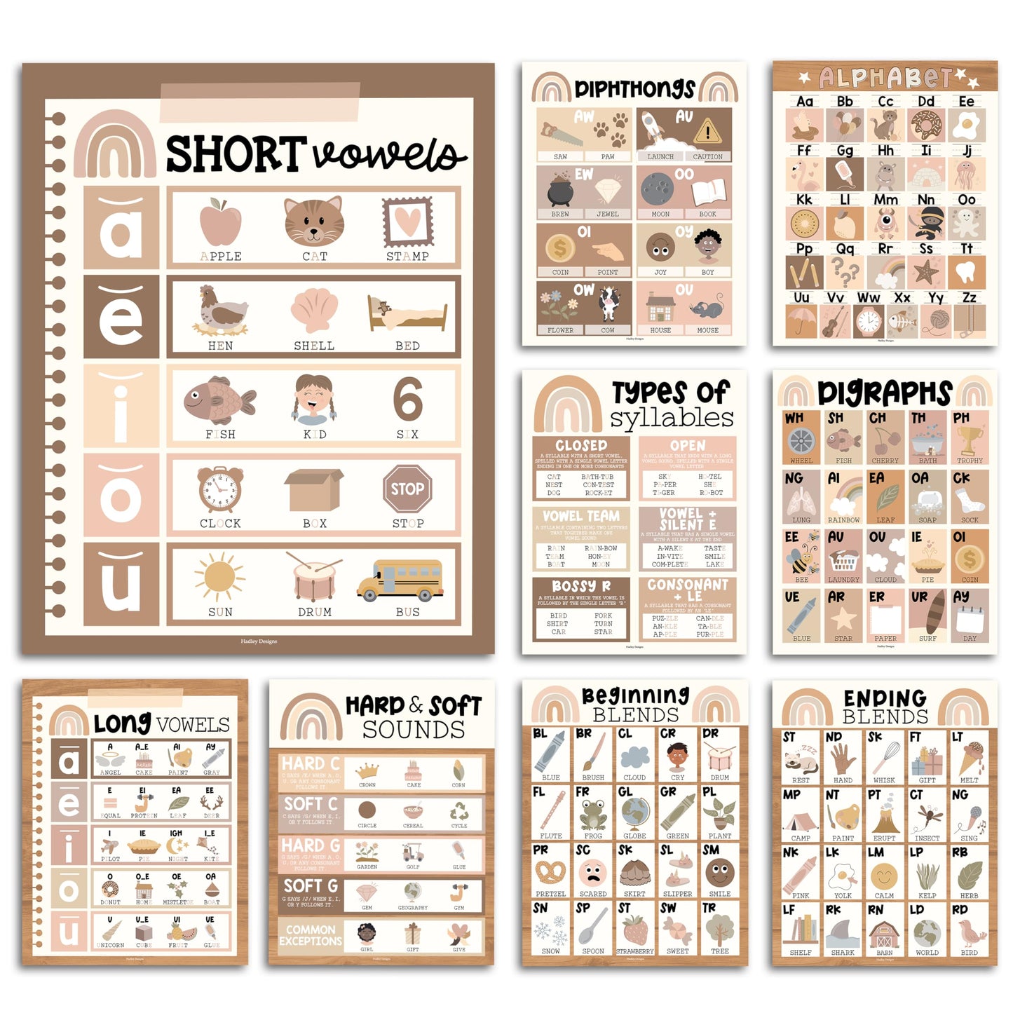 Hadley Designs Phonics Posters for Classroom Must Haves - 9 Sound Wall for Kindergarten & Elementary Teacher Supplies, Syllable, Vowels, Digraphs & Blends Bulletin Board Set, Boho Classrom Decor