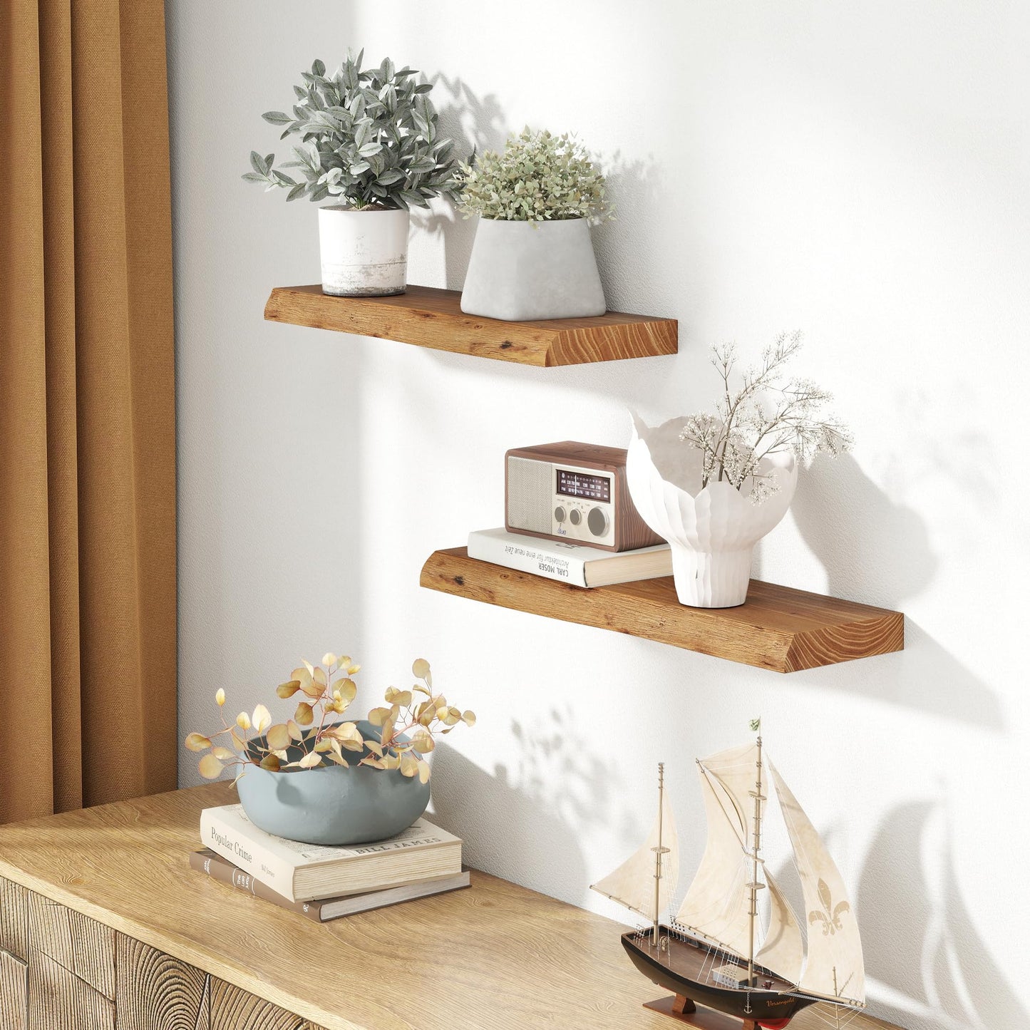 24 Inch Live Edge Floating Shelves for Wall 2 Pack Shelves for Bedroom, Bathroom, Kitchen, Wall Mounted Rustic Solid Elm Wood Floating Shelf with Invisible Bracket for Books, Decor, Storage, Natural