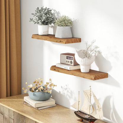 24 Inch Live Edge Floating Shelves for Wall 2 Pack Shelves for Bedroom, Bathroom, Kitchen, Wall Mounted Rustic Solid Elm Wood Floating Shelf with Invisible Bracket for Books, Decor, Storage, Natural