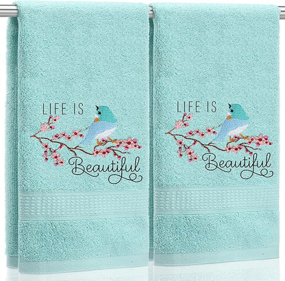 2 Pcs Bird Hand Towels Mint Green Bathroom Decor 14x29 Inch Embroidered 100%