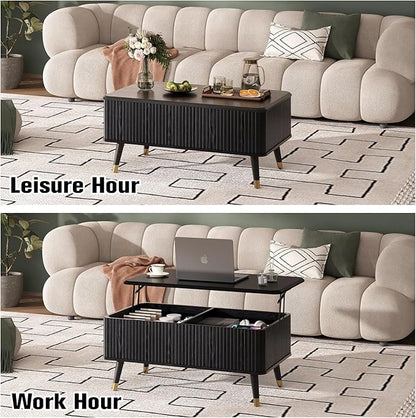 Lift Top Coffee Table with Storage, Modern Coffee Table with Solid Wood Legs, 38" Minimalist Fluted Center Table for Living Room, Home Office, Black
