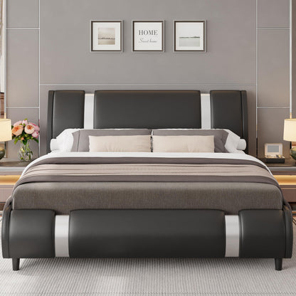 Keyluv Modern Queen Size Bed Frame with Mirror Metal Decoration, Faux Leather Upholstered Platform Bed with Curved Headboard, Wooden Slats Support, No Box Spring Needed, Black