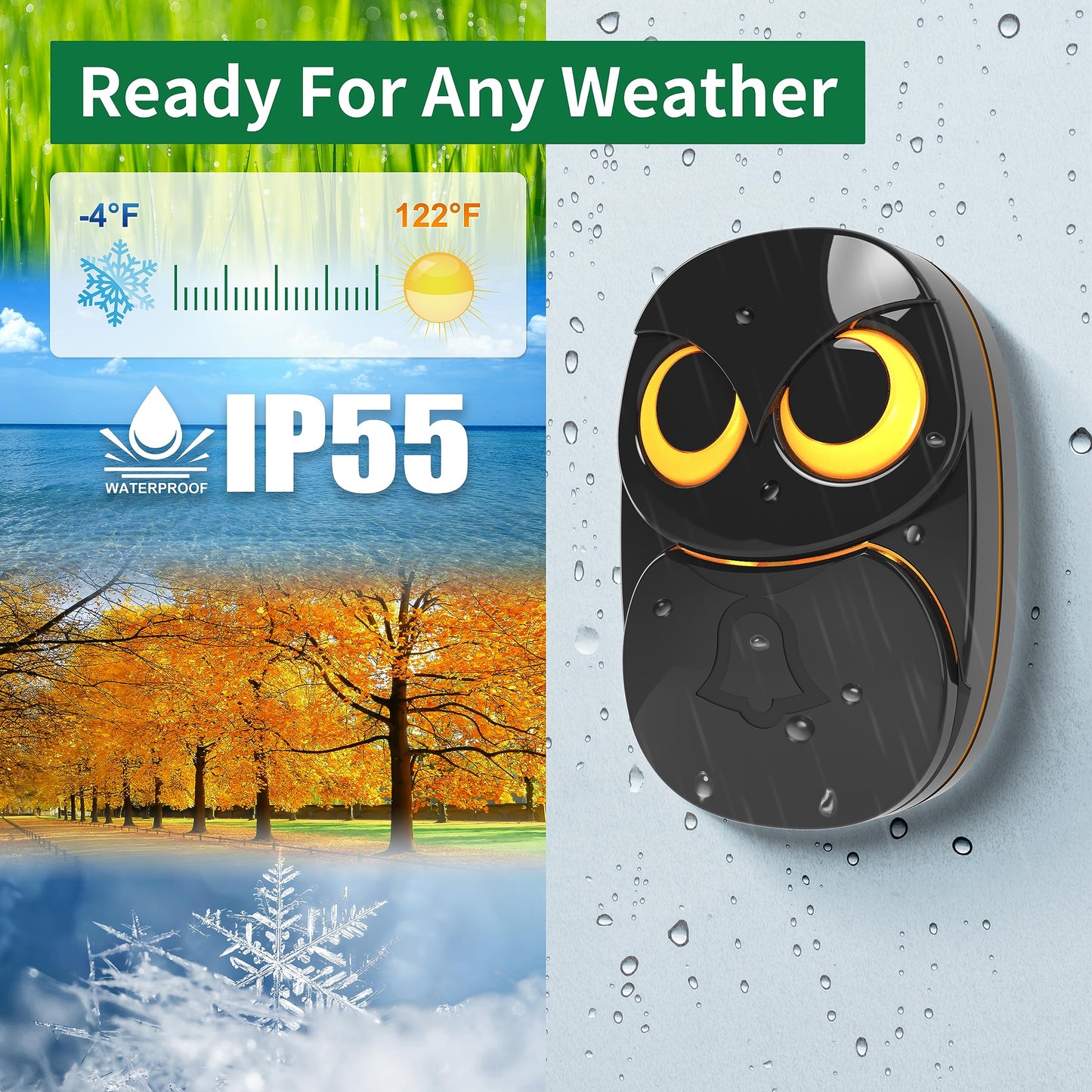 Wireless Doorbell, Cute Owl Doorbell Weatherproof IP55 Outdoor Remote Push Button- 1000 Feet Long Wireless Range, 1 Receiver + 1 Transmitter, Black