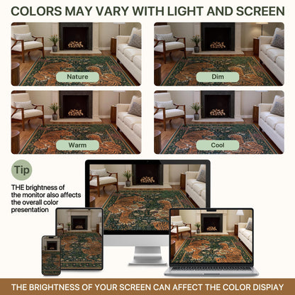 Bavni Tiger 2x6 Washable Runner Rug Non Slip, Boho Vintage Oriental Hallway Runner, Low Pile Soft Green Carpet Stain Resistant, Botanical Animal Kitchen Runner Rugs for Entryway Bedroom Laundry