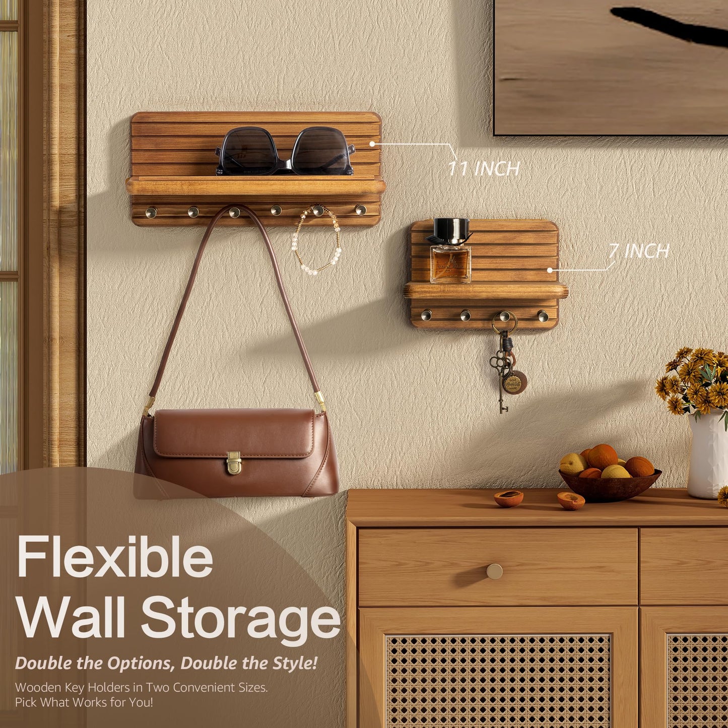 Rebee Vision Small Key Holder Wall Mount for Home Decor – Decorative 7-Inch Pine Wooden Key Holder for Wall with 4 Hooks & Mini Floating Shelf - Modern Farmhouse Home Organization (Light Brown)