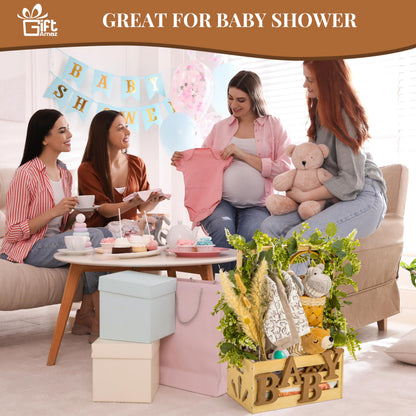 GiftAmaz Wooden Baby Shower Crate Closet, Baby Storage Crate Hamper with Handle, Basket for Baby Shower Gifts, Welcome Gift Basket for Newborn Boys Girls, Pregnancy Gifts for New Parents
