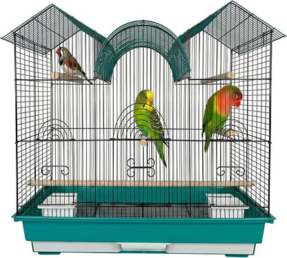 A&E Cage Co AE2614TT SP Blue Triple Top Bird Cage – 26" x 14" x 23" Decorative Small Bird Cage – Includes 2 Feeder Stations, 3 Wood Perches, Slide-Out Tray & Carry Handle (Teal)