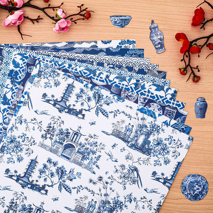 Whaline 24 Sheets Chinoiserie Pattern Paper 12 Design Blue China Scrapbook Specialty Double-Sided Collection Oriental Decorative Craft Paper for DIY Card Making Photo Album Journal Decor