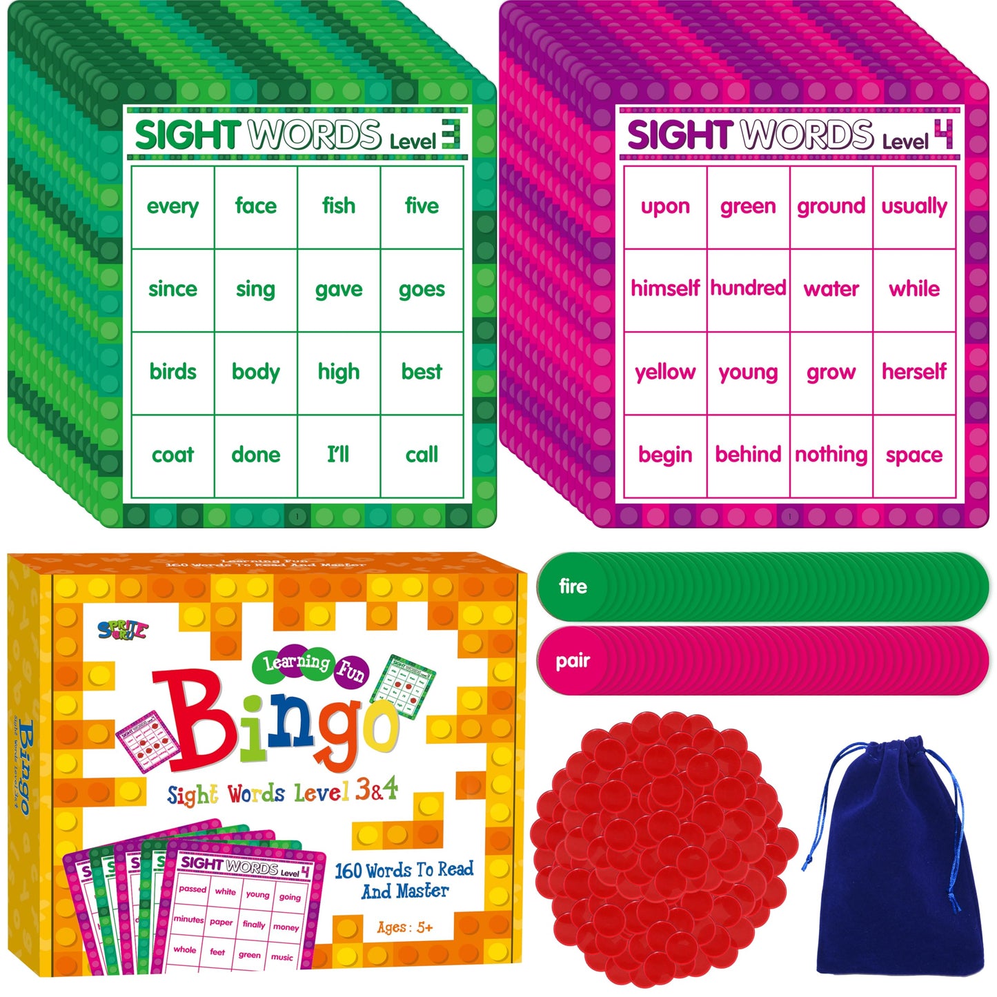 SpriteGru Sight Word Bingo Game, 160 Sight Words Learn to Read Level 3 & Level 4 Bingo Board Game Dolch's & Fry's Words Lists for Kindergarten and Preschool Kids 4-8, Perfect for Classroom & At Home