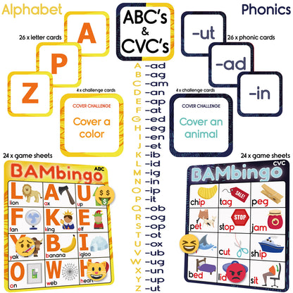 THE BAMBINO TREE Alphabet and Phonics Bingo - ABC Learning Letter Recognition and CVC Words with Pictures - Phonics Games for Kids Ages 3-7 yrs Preschool Kindergarten