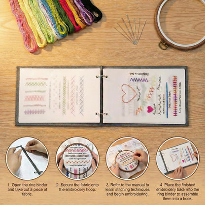 Embroidery Kit with Ring Binder Removable Pages Stitch Book, Patterns, Hoop, Floss, Needlepoint Craft Kit - Cross Stitch for Beginners and Adults