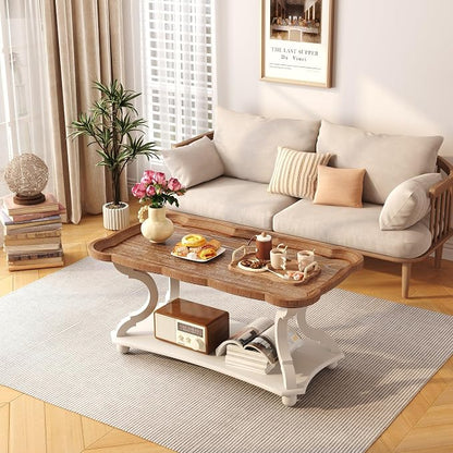 Function Home Farmhouse Coffee Table, 2-Tier Center Table with Storage Shelf, 39.8" French Country Rectangle Accent Table with Natural Tray Top and Curved Legs for Living Room Balcony, Vintage White