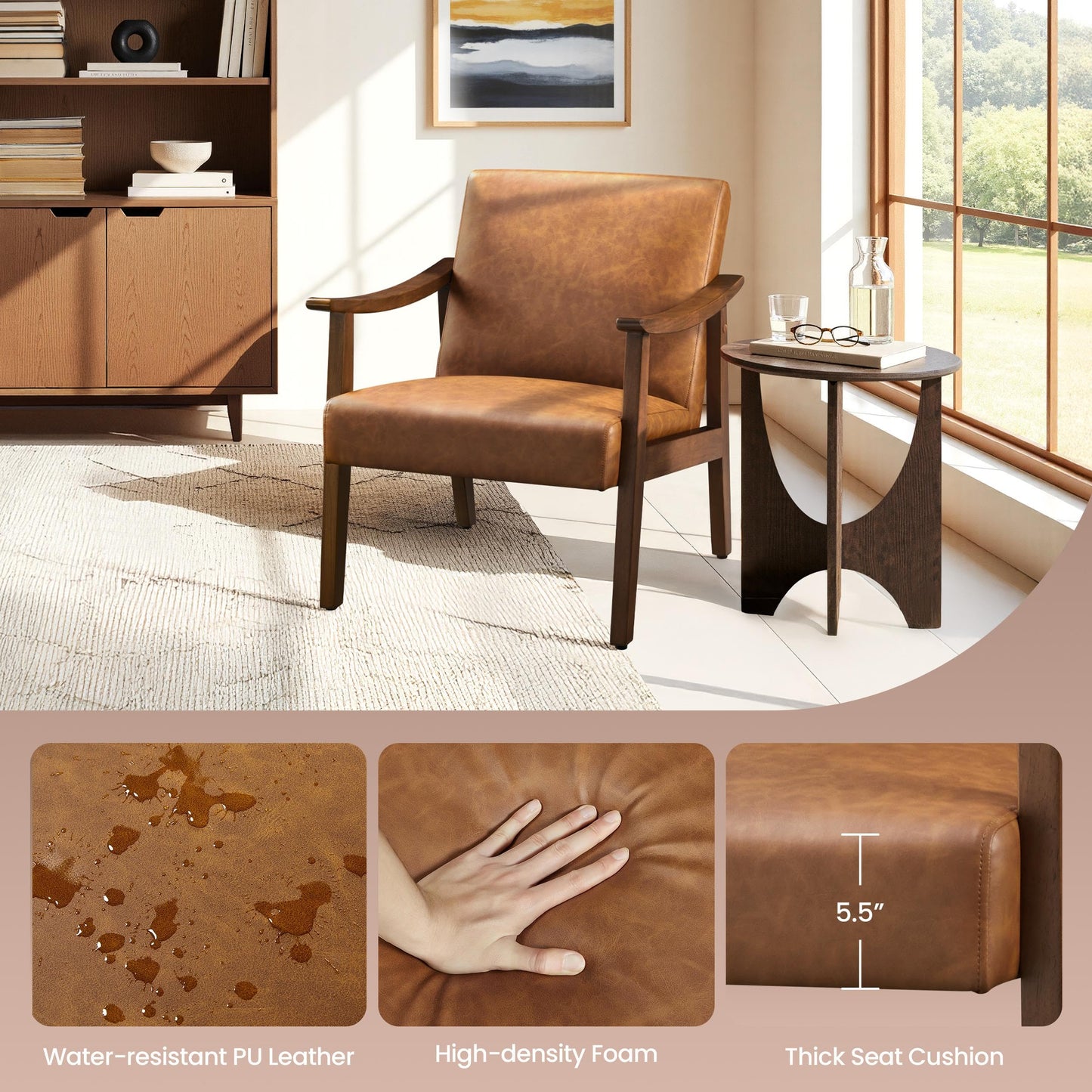 Yaheetech PU Leather Accent Chair, Mid-Century Modern Armchair with Solid Wood Legs, Reading Leisure Chair with High Back for Living Room Bedroom Waiting Room, Set of 2, Brown