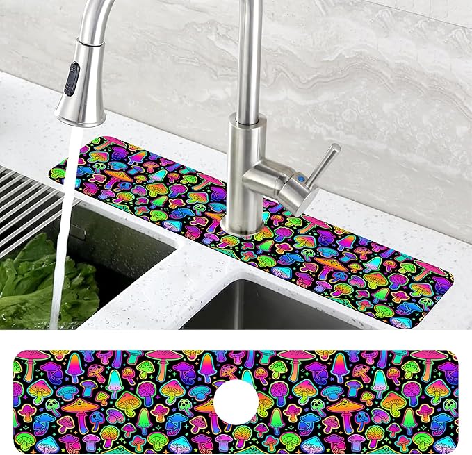 Bright Psychedelic Mushroom Kitchen Sink Splash Guard Mat Absorbent Fast Drying