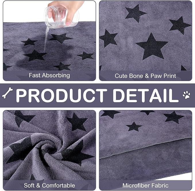 Chumia 8 Pcs Dog Towels for Drying Dogs Cats Pet Towels Bulk Puppy Microfiber Fast Drying Paw Bath Bathing Supplies Absorbent for Medium Pets (40 x 24 Inch,Star,Gray)