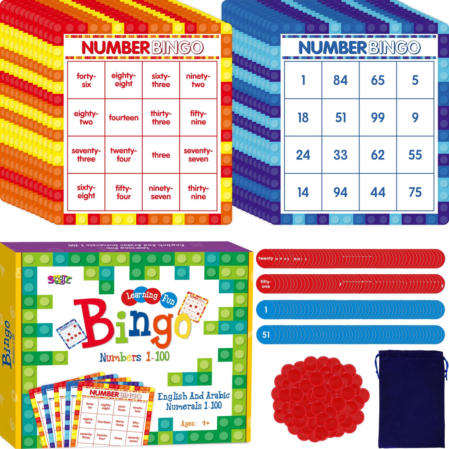 SpriteGru Number Bingo Game, Number 1-100 Bingo Board Game Learn & Count to Read 2 Versions Number Recognition Game for Kids 5-12, Perfect for Classroom & At Home