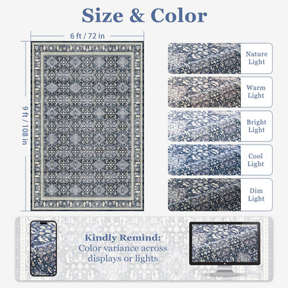 Jainmy Dark Blue Area Rug 6x9, Boho Floral Moroccan Trellis Printed Transitional Style Rugs for Living Room Bedroom, Washable Non Slip Low Pile Thin Carpet Rug for Dining Room Guest Room Home Office