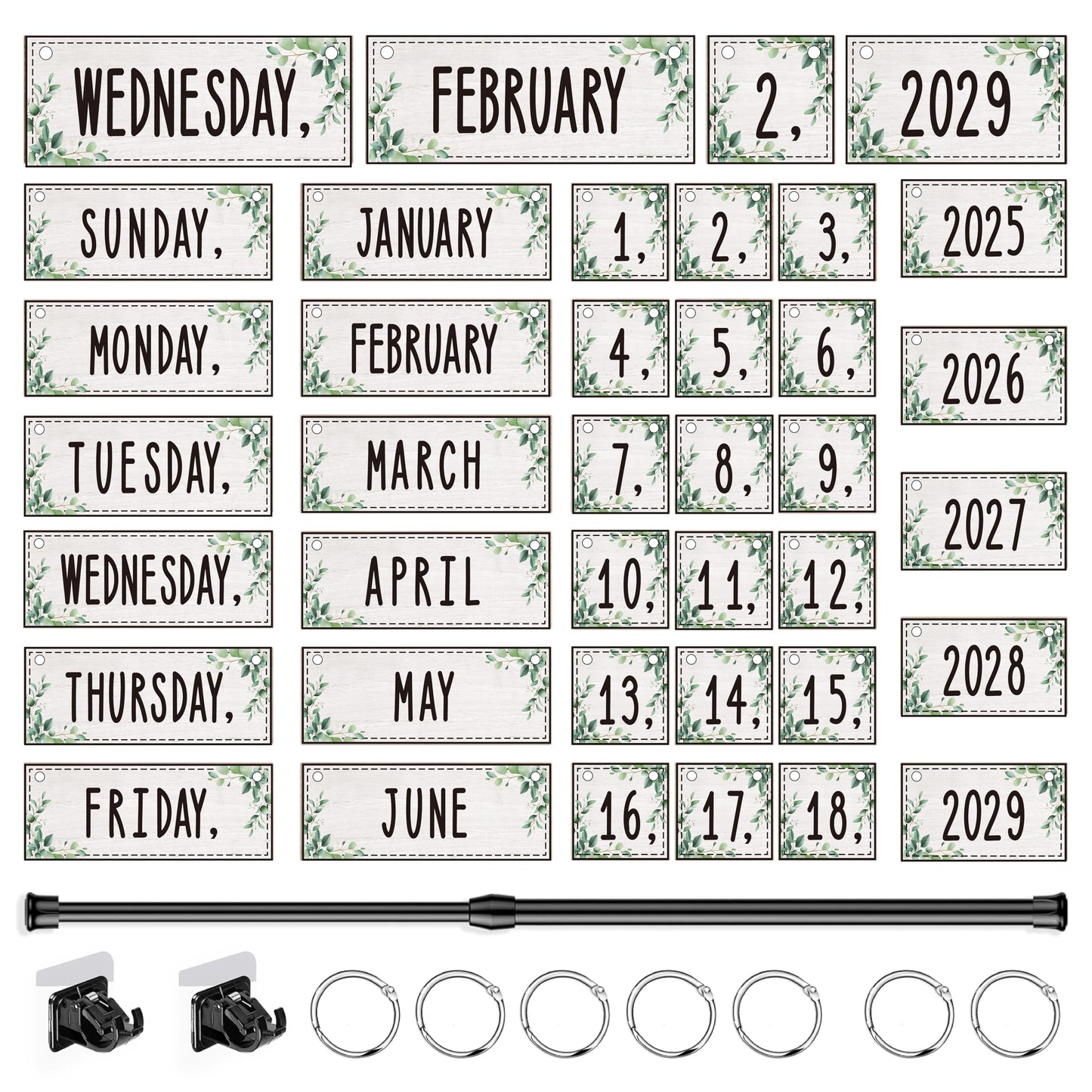 Flip Calendar Bulletin Board Set Classroom Decorations for Whiteboard with Adjustable Flip Calendar Rod Holder Date Cards Days of The Week for Classroom School Supplies(Greenery)