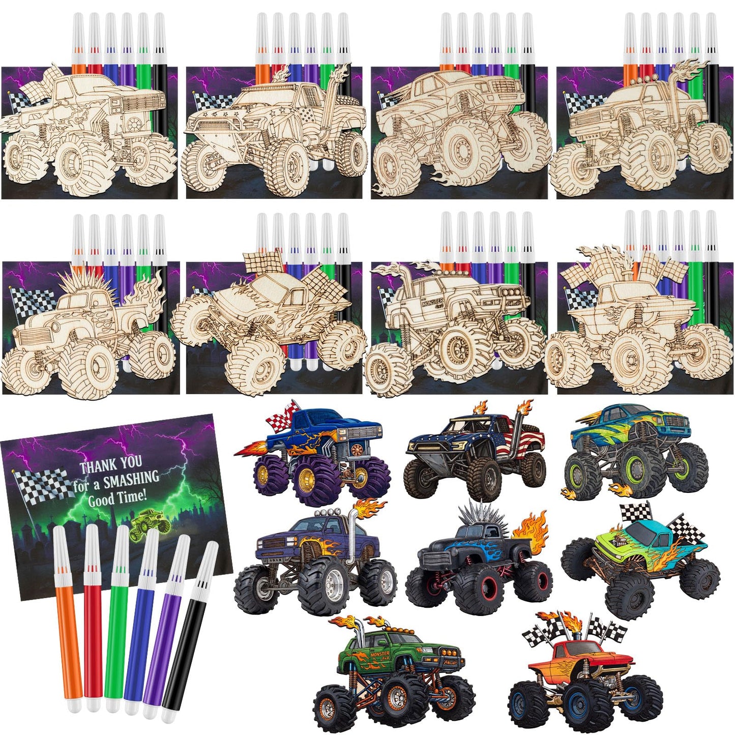 Potchen 24 Pcs Wooden Monster Truck Painting Crafts Kit Thank You for Coming Gifts for Kid Blank Unfinished Wooden DIY Crafts Paint Party Favors