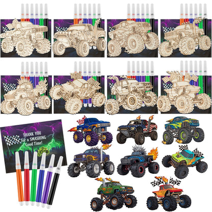 Potchen 24 Pcs Wooden Monster Truck Painting Crafts Kit Thank You for Coming Gifts for Kid Blank Unfinished Wooden DIY Crafts Paint Party Favors