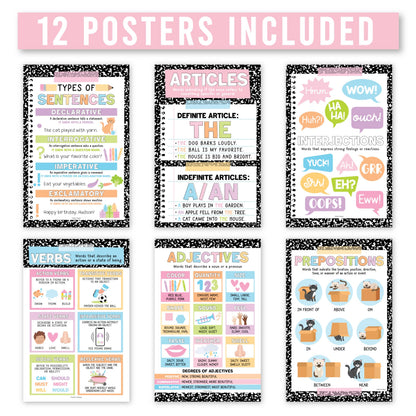 Parts of Speech Posters for Classroom Must Haves - 12 Grammar Posters, Writing Process for Homeschool, Elementary & Middle School, ELA 3rd 4th & 5th Grade Teacher Must Haves, Pastel Classroom Decor