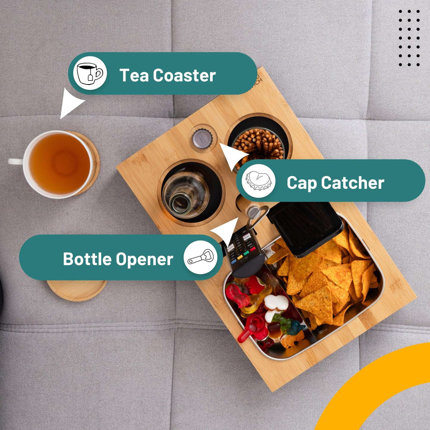 D&D Living® Couch Caddy - Bamboo Couch Console | Anti-Spill Drink and Cup Holder | Snack Organizer Tray for Sofa with Bottle Opener